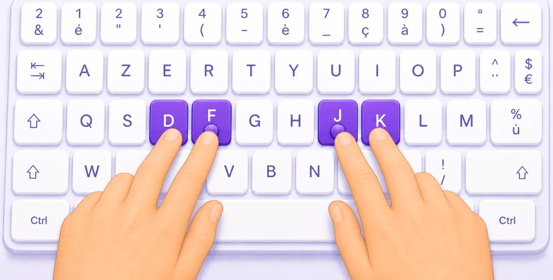 Un clavier AZERTY : les touches D, F, J et K sont violettes ; les index restent posés sur les bosses de F et J pendant que les majeurs s'étendent vers D et K.
