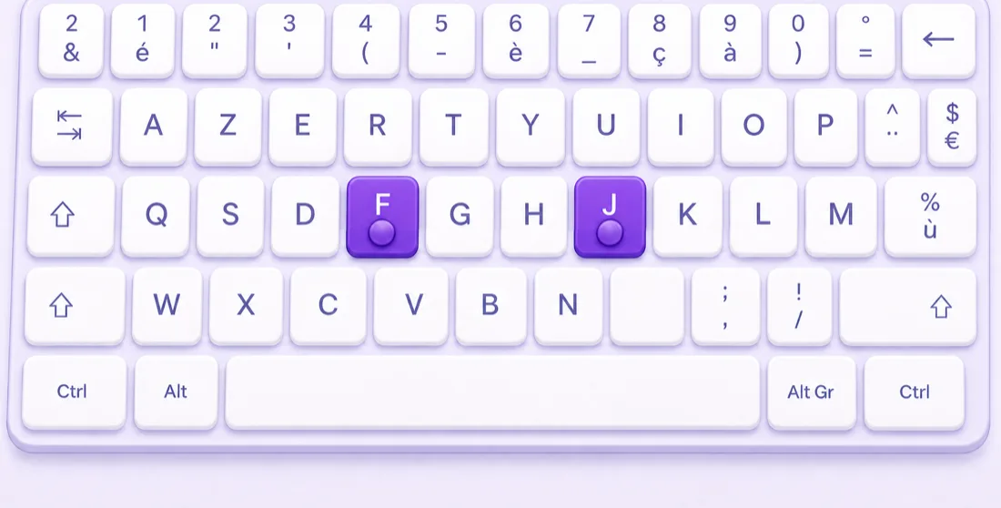 Un clavier AZERTY : les touches F et J sont violettes, chacune porte une petite bosse, et deux index viennent se poser dessus.